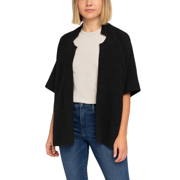 Eileen Fisher Petite Silk Blend Open Front Crinkle Jacket in Black size PP (2/4) - Picture 1 of 6
